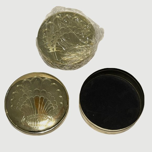 Vintage Brass Coasters Set Of 6-Etched Clam Shell Holder Nautical Beach Non Skid - Picture 1 of 9